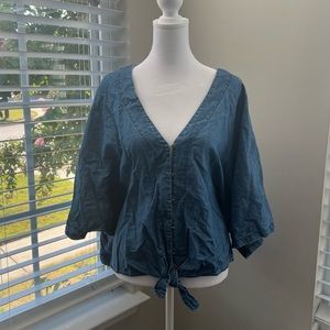Express EUC Denim Blouse Shirt Size XL Large Sleeves Front Waist Tie